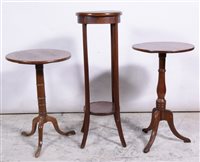 Lot 352 - Victorian oak pedestal table, reduced column; another similar, reduced column; mahogany plant stand; Edwardian nursing chair.