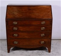 Lot 364 - George III mahogany bureau, fall front enclosing an interior fitted with drawers, cupboard and pigeon-holes, above four long graduating drawers, bracket feet, width 108cm, depth 56cm, height 113cm.