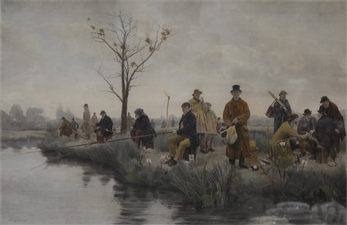 Lot 324 - After Walter Dendy Sadler, A Pegged-down Fishing Match, coloured print, published by Mendoza, 1885, 63cm x 86cm.