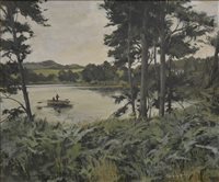 Lot 322 - Marriott, landscape with fishermen on a lake, oil on canvas, signed, dated '83, 49cm x 59cm.