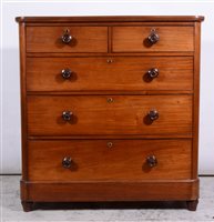 Lot 367 - Victorian mahogany chest of drawers, rectangular top with rounded corners, two short and three long graduating drawers, turned handles, plinth base, raised on short feet, width 105cm, depth 52cm, h...