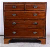 Lot 378 - Victorian mahogany chest of drawers, rectangular top, fitted with two short and three long graduating drawers, bracket feet, satinwood cross-banding, boxwood and ebony stringing throughout, width 1...