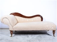 Lot 422 - Victorian chaise lounge, mahogany frame, scrolled end, turned legs, length approximately 170cm.