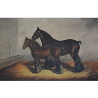 Lot 299 - Fred Thurlby, Heavy Draught horse and yearling in a stable, oil on canvas.