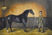 Lot 383 - P Cole, Horse in a stable, oil on canvas.