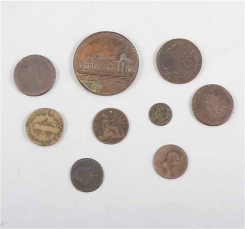 Lot 260 - Coins and tokens; a collection of coins and tokens including county tokens, St Marys College Oscott bronze medallion, half penny tokens, etc.