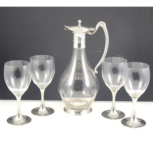 Lot 56 - A French wine carafe and set of six glasses, with white metal mount and stems; and small selection of glassware. (11).