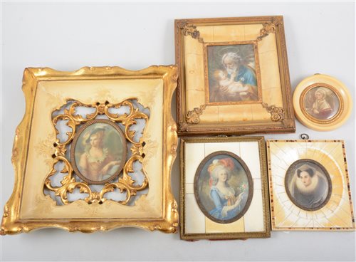 Lot 239 - Contemporary miniature portrait, lady with a feathered bonnet, 8x6cm, probably overpainted, and a small collection of other miniature portraits, some prints.