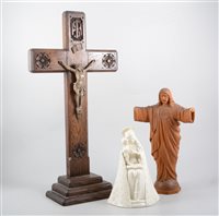 Lot 203 - Box of religious artefacts, ceramics, etc., including oak cross, Italian pottery bust of Madonna.