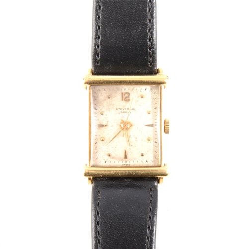 Lot 201 - Universal - a gentleman's Geneve wrist watch, rectangular 22mm x 20mm cream baton dial with centre seconds hand and quarter arabics in a yellow metal case marked on the back 18k 0.750, strap model