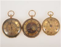 Lot 334 - Three gold open face fob watches, one having a 32mm floral design gold dial with roman numeral chapter ring in an 18 carat yellow gold outer and inner case