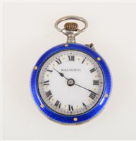 Lot 331 - Balmoral - a small silver and blue enamel fob watch, 20mm white dial with a roman numeral chapter ring, 26mm case hallmarked Glasgow (imported) 1910