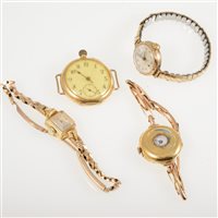 Lot 329 - Four wrist watches, a Jean Perret cocktail watch with 18k case fitted with a 9 carat yellow gold bracelet, approximate weight with movement removed 12.3gms