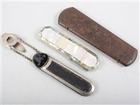 Lot 152 - Vintage mother-of-pearl and abalone shell spectacle case, 15cm, a wooden case and a leather case, (3).