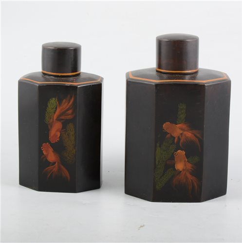 Lot 182 - Two Far Eastern papiermache tea canisters depicting goldfish and bamboo, both with lids, 16.5cm x 11.2cm and 15.5cm x 9.2cm. (2)