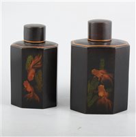 Lot 182 - Two Far Eastern papiermache tea canisters depicting goldfish and bamboo, both with lids, 16.5cm x 11.2cm and 15.5cm x 9.2cm. (2)