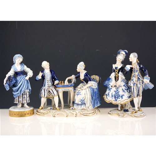 Lot 38 - Dresden style porcelain figures, including coaches and horses, pair playing chess, courting couples, etc, (8)