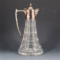 Lot 177 - A boxed cut glass silver-mounted claret jug by Parkin Silversmiths Ltd, pourer in the form of Bacchus' mask, engraved with