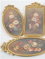 Lot 158 - Pair of Continental oval miniature paintings, still life of flowers, oil, oval, gilt metal frames and a similar rectangular still life, oils.
