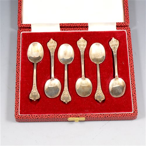 Lot 190 - A cased set of six silver reproduction "Trifid" or lace-back spoons by Francis Howard Ltd, Sheffield 1978.