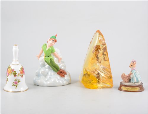Lot 95 - A box of decorative china and glass items, including Lilliput Lane cottages, a Leonardo Collection 'West Highland Terrier' figure, a 'Cottage Rose' ceramic bell, two Silver Anniversary teacups and...