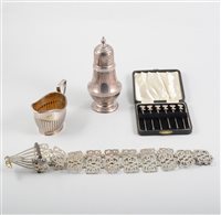 Lot 288 - A cased set of silver cocktail sticks, Birmingham 1952, silver-plated belt, napkin rings etc