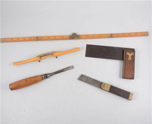 Lot 100 - 9 various spokeshaves Rabone setsquare and one other, set of 8 mortice chisel blades, 2 spirit levels, etc (a lot).