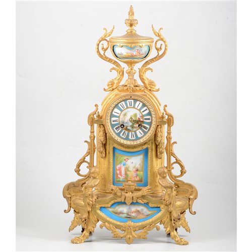 Lot 115 - French gilt spelter mantel clock, blue Sevres style panels painted with figures.