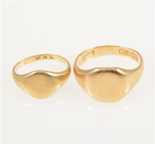 Lot 234 - Two 18 carat yellow gold signet rings sizes O and G, total weight approximately 10gms. (2)