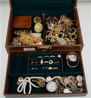 Lot 353 - A jewel box of gold, silver and costume jewellery - thirteen rings, diamond, ruby, cameo, sapphire, synthetic stones, two vintage gold cased watches