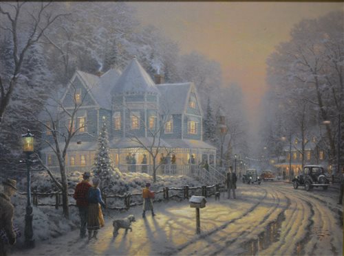 Lot 259 - After Thomas Kinkade, 'A Holiday Gathering', limited edition colour print on canvas