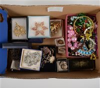 Lot 349 - A quantity of costume jewellery, paste set brooches, bead necklaces etc, two small diamond set rings in gold mounts, spinel eternity ring, silver medallions