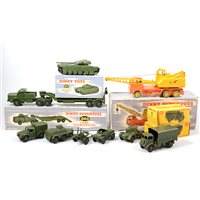 Lot 150 - Dinky Toys, diecast models, military, Mighty Antar tank transporter, other military models, crane truck etc, some boxed.