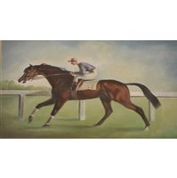 Lot 309 - Follower of John Skeaping, Racehorse and jockey, oil on canvas laid on board.