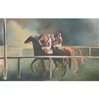 Lot 310 - Follower of John Skeaping, Three racehorses and jockeys, oil on canvas board.