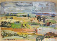 Lot 386 - Elizabeth Ardagh "Towards Odiham" landscape, gouache 37cm x 50cm. label on verso The Mall Galleries (The Federation of British Artists) deliver to  17 Carlton House Terrace. S.W.1.