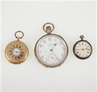 Lot 327 - A silver open face pocket watch in an engine turned case, name on dial J Haslehurst Weston S Mare, top wind movement, small white metal fob watch - enamel worn and a 14k demi hunter fob watch