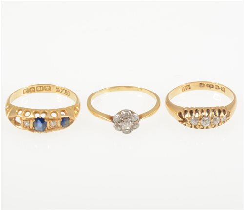 Lot 230 - Three diamond rings - two having a stone missing, a small seven stone old cut diamond cluster ring, size N, an 18 carat yellow gold half hoop ring missing a diamond