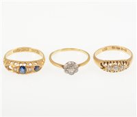 Lot 230 - Three diamond rings - two having a stone missing, a small seven stone old cut diamond cluster ring, size N, an 18 carat yellow gold half hoop ring missing a diamond