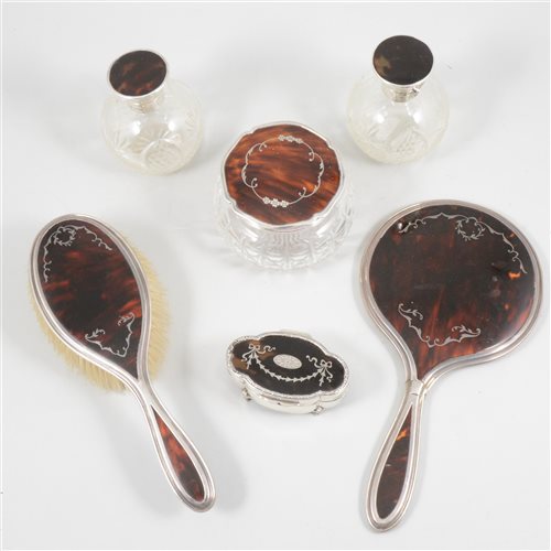 Lot 188 - A collection of silver backed and inlaid tortoiseshell dressing table items, various designs