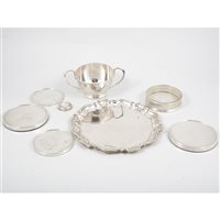 Lot 197 - A silver Chippendale-style waiter by Viner's Ltd Sheffield 1953; a small twin-handled porringer, Deakin & Francis Ltd, Birmingham 1931; a pair of Carr's coasters Sheffield 1996. (8)