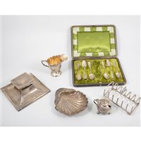 Lot 196 - A boxed set of silver teaspoons with sugar tongs, twisted stem and bright cut edging, Barker Brothers Birmingham 1876; toast rack, Barker Brothers Silver Ltd Birmingham 1939. (6)