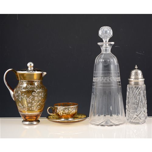 Lot 45 - A silver mounted glass sugar caster, pair of glass decanters, etc.