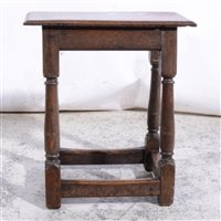 Lot 502 - Joined oak stool, rectangular top with a moulded edge, turned legs, plain stretchers, width 45cm