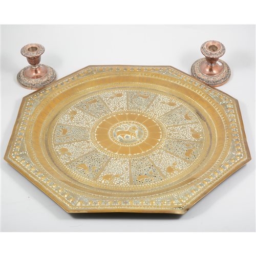 Lot 138 - An Eastern octagonal brass tray, pierced and engraved decoration, width 51cm; etc.