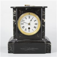 Lot 69 - French black marble mantel clock, white enamelled dial with Roman numerals, cylinder movement, 23cm.