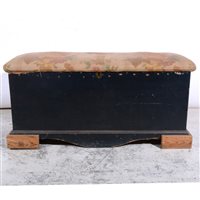Lot 452 - Pine blanket box, upholstered top, raised on block feet, cotton print covers, width 105cm.