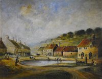 Lot 382 - English School, Aldbury village pond and stocks, oil on canvas.