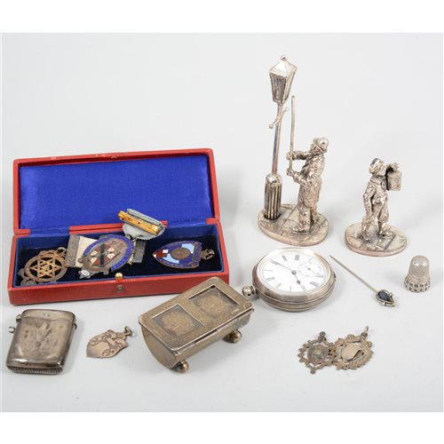 Lot 143 - A silver double stamp case on four rounded feet, King and Sons, Chester 1901, a silver vesta, Smith and Bartlam, Birmingham 1906, silver open face pocket watch, Masonic medals etc.
