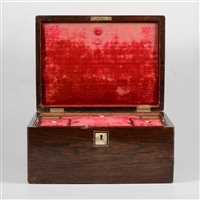 Lot 142 - A rosewood box with mother-of-pearl inlay, red velvet lining and a drawer on the right-hand-side, an octagonal box with oriental decoration, a Liberty 'Tudric' pewter jug